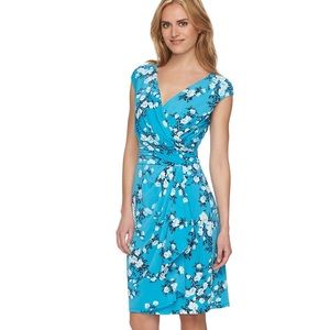CHAPS Aqua Teal Floral Crossover Surplice Dress Size Small